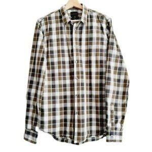 SISLEY Button Down Shirt Slim Fit Plaid Grey & Green Men's Sz L  / 16